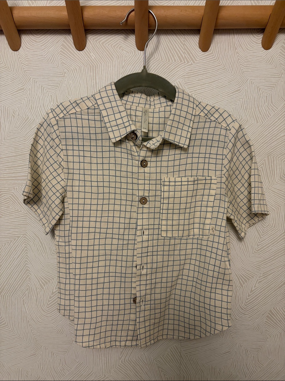Rylee + Cru Cream Short-Sleeve Button-Down with Blue Windowpane